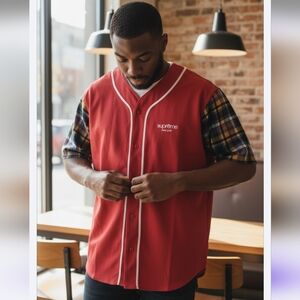Supreme Red Plaid baseball Cotton Jersey, Large
